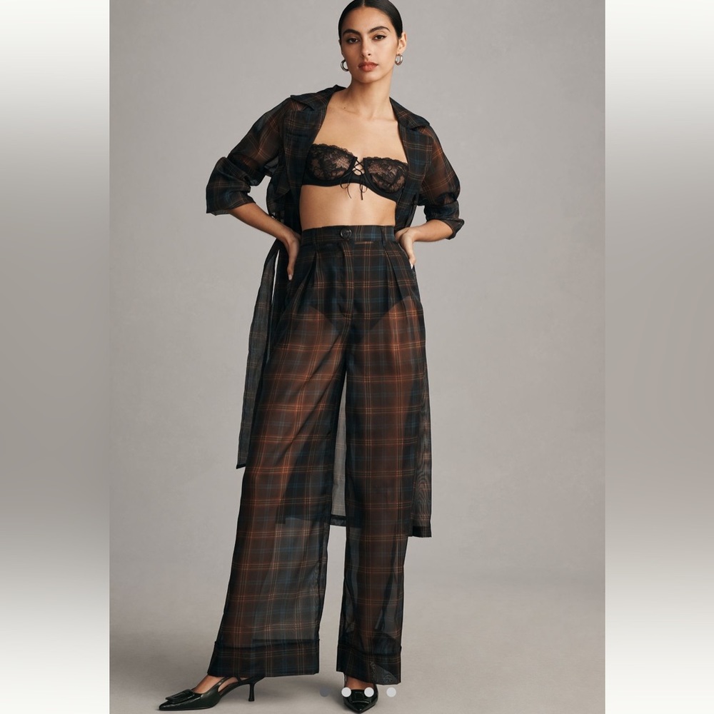 Porridge sold at Anthropologie SheerWide leg plaid high waist trousers.